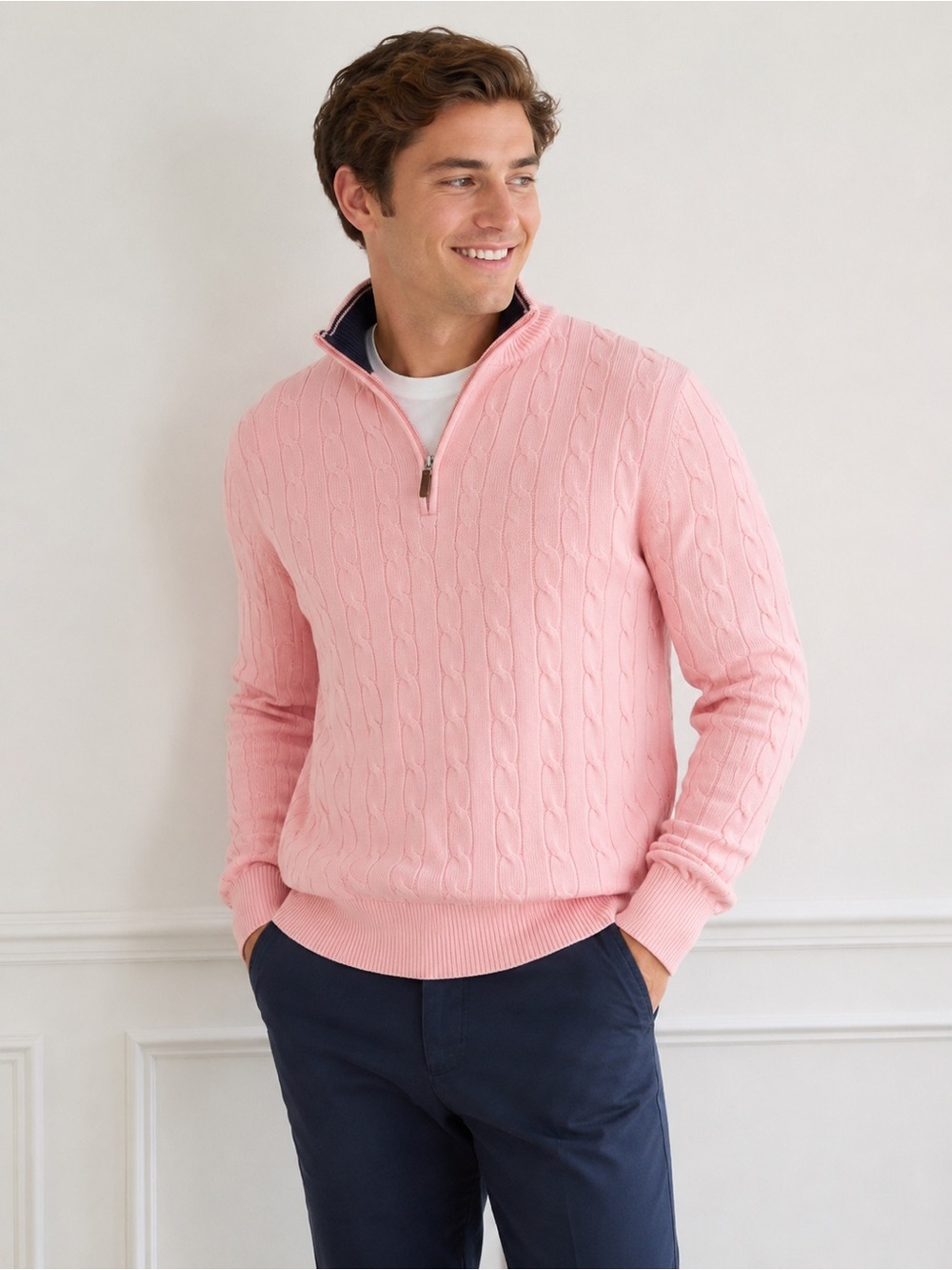 NWT Club Room Men’s Cable Knit Quarter Zip Sweater Pink Size Medium